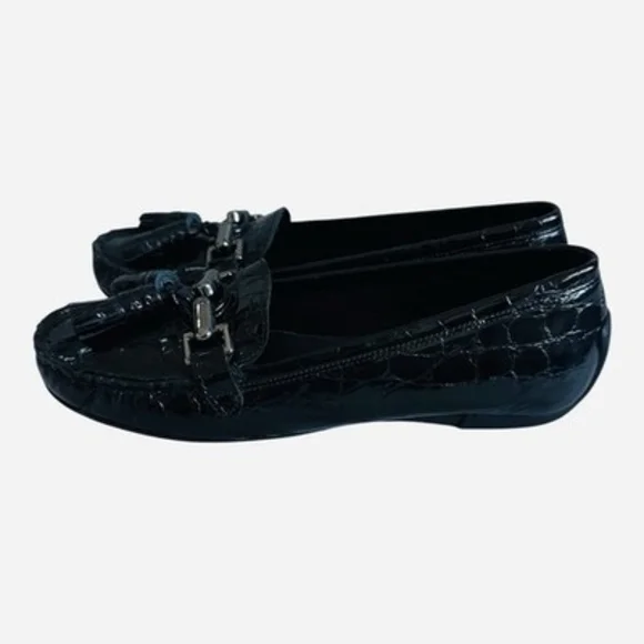 Stuart Weitzman Rascal Black Patent Croc Embossed Tassel Loafers Driving Shoes - Picture 3 of 8